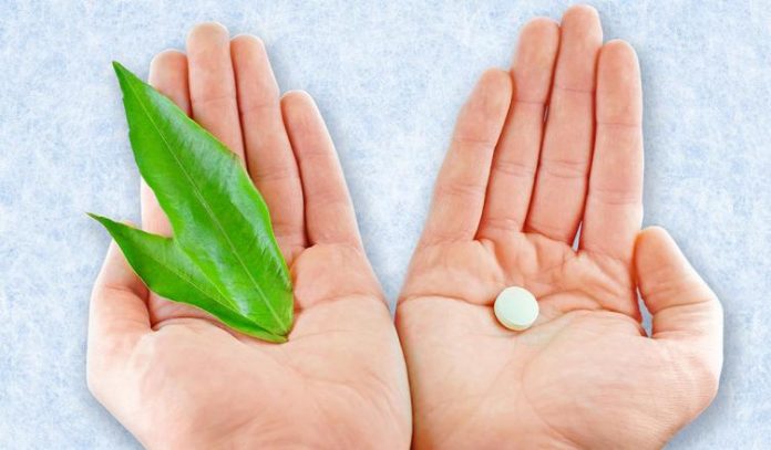 Natural medicines and pills in the hands of