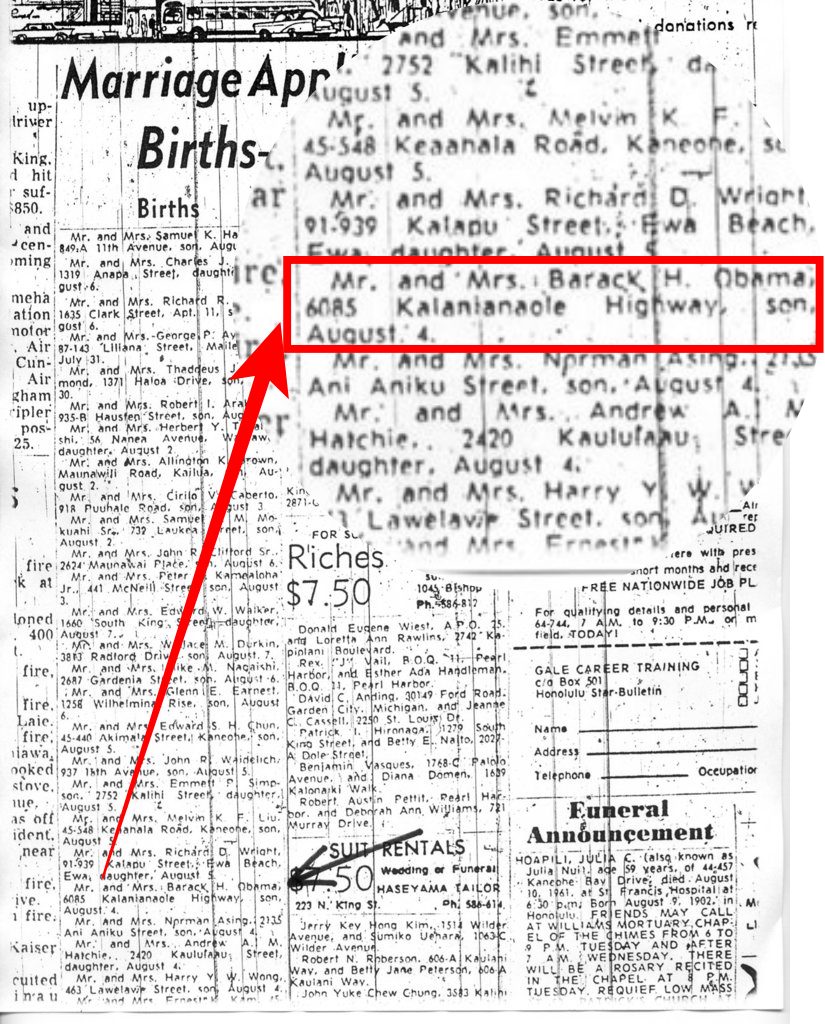 Απόκομμα από το αρχείο της εφημερίδας Honolulu Star-Bulletin που αποδεικνύει την καταγωγή του Μπαράκ Ομπάμα