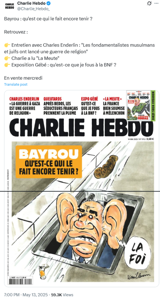Το πιο πρόσφατο εξώφυλλο του περιοδικού Charlie Hebdo δε δείχνει τον Ζελένσκι, αλλά τον Φρανσουά Μπαϊρού