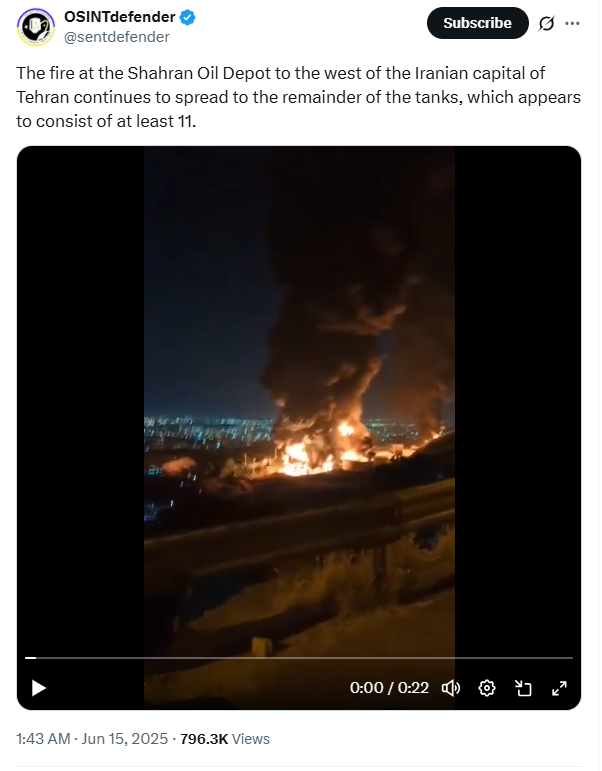 Φωτογραφία που δείχνει το διυλιστήριο της Shahran στην Τεχεράνη να καίγεται